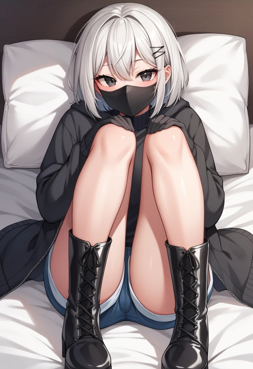 score_9, score_8_up, score_7_up, score_6_up, score_5_up, score_4_up, source_anime, 1woman, fair skin, She lay down on her back, Nice face, bed, white hair, hairpins, black eyes, leather long gloves, mask, clean hair, sweater, shorts, knee high boots, room, best quality, best res, 4K UHD,