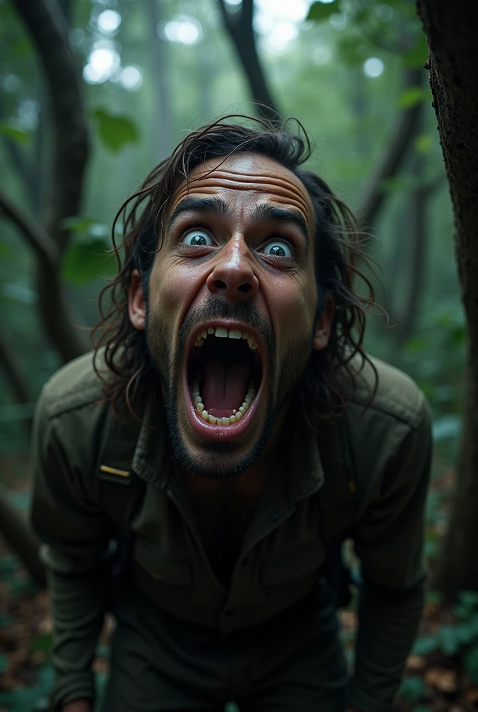 Close up of a horrified hiker screaming in the woods