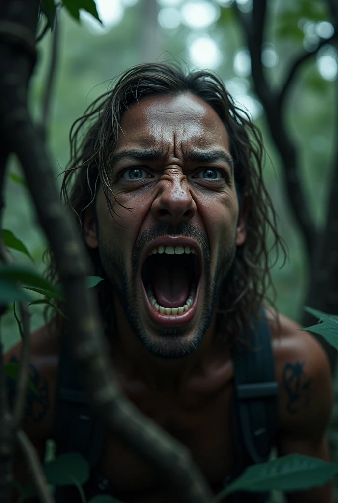 Close up of a horrified hiker screaming in the woods