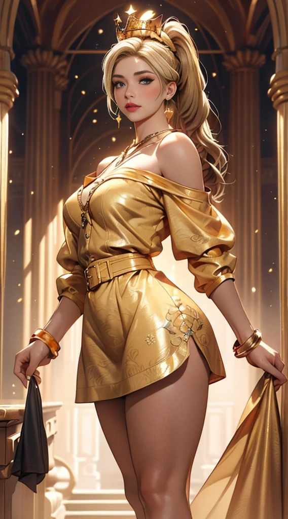 ((high detailed, best quality, 4k, masterpiece, hd:1.3)), ((best quality)), (((HD))), (((8k))), (ultraDH), (ultra HD), Altus Plateau from Elden Ring, Erdtree in Background, a royal Queen, face of Queen Marika the Eternal, standing T-pose, bare feet, long ponytail golden blonde hair, golden colored eyes, small breasts, wearing Elden Ring crown, wearing tight Queen Marika Dress, holding Gavel, gorgeous curvatious feminine body, full-body picture, soft smile, juicy thick thighs out, (Queen Marika outfit:1.8), (divine hottie:1.5), (breasts focus), (golden blonde ponytail:1.8), (small breasts:1.3), (from front:1.3), (from abovee:1.1), (shoulders out:1.3), (thighs out:1.3), (breast out:1.3), (off shoulder:1.2), (heavy colorful makeup), (perfect hands, perfect anatomy)