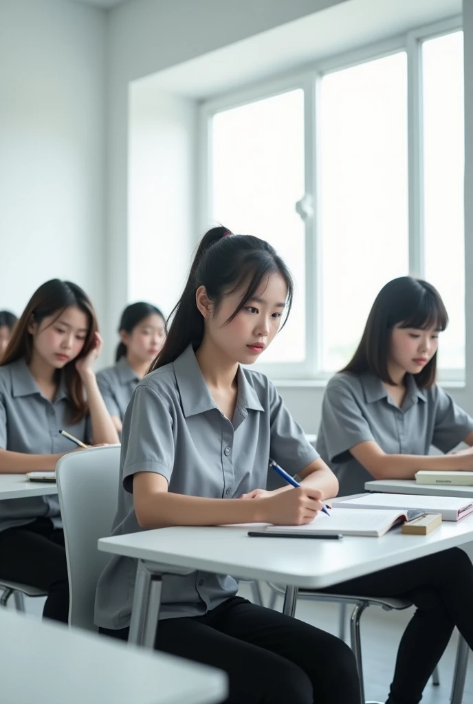 Group of students in a white classroom, with grey uniform, with books on the tables 