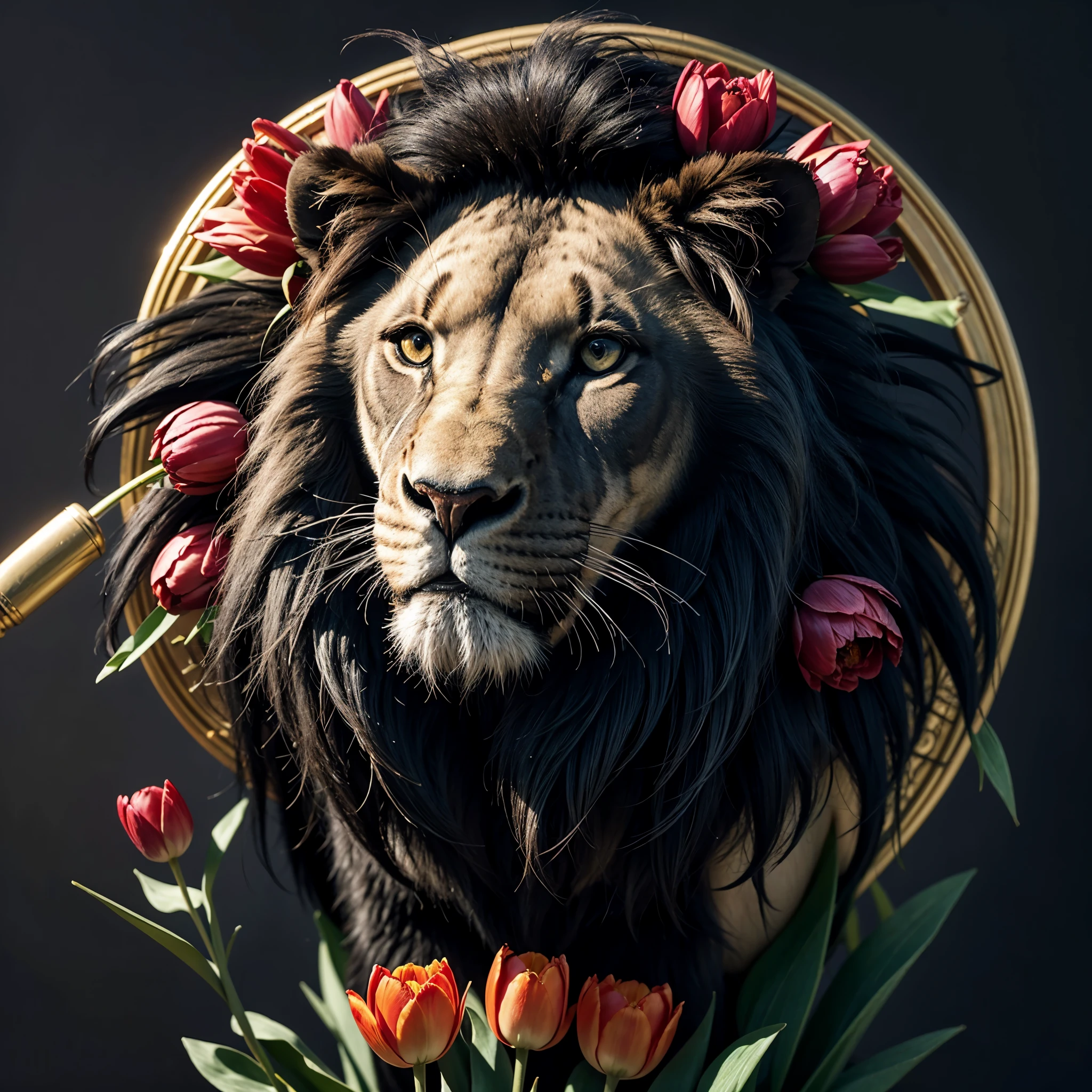 A giant black lion with a red tulip on its head coming out of the middle of its mane, tulip with handle. Lion's view at 45 degrees..
