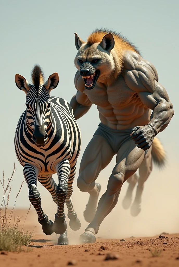 Create a hyperrealistic image of a scantily clad zebra running away from a macho hyena 