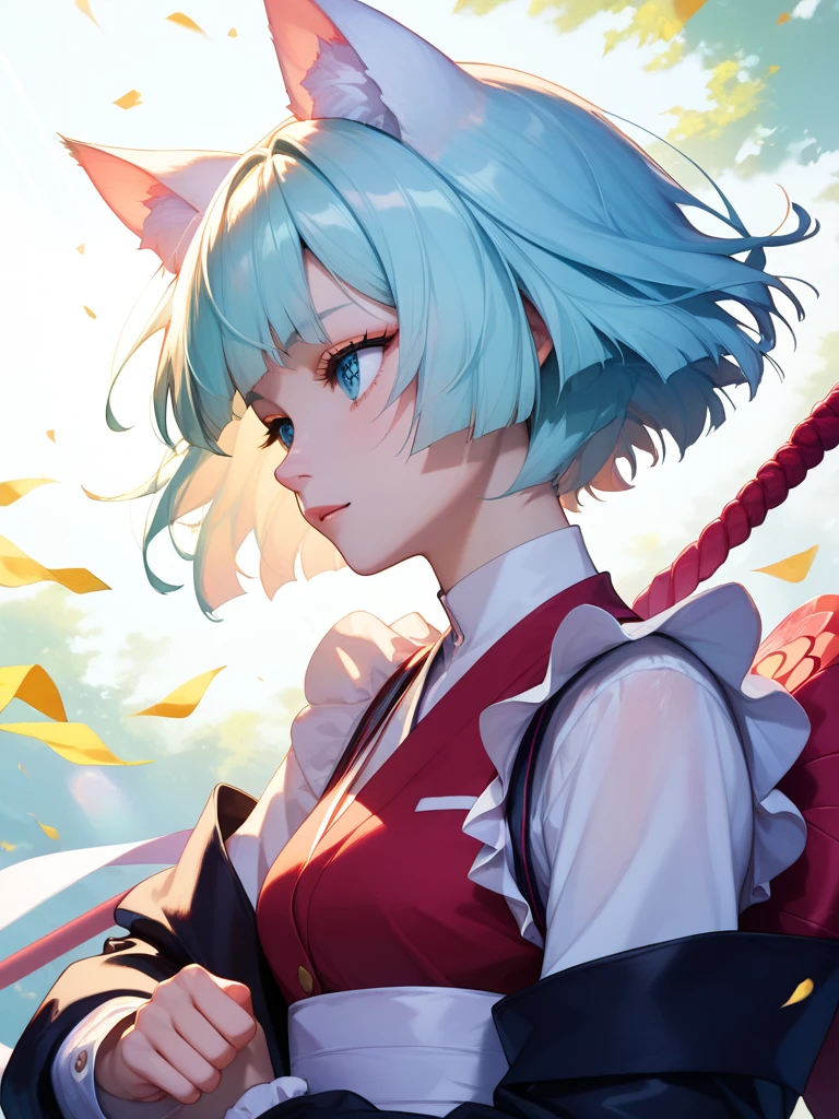 score_9,score_8_up,score_7_up,short hair,white haia charming girl with cat ears,soft pastel colors with high contrast,action lines indicating swift movement,set against the backdrop of a mystical dojo bathed in the glow of early morning sunlight filtering through shoji screens,highly,