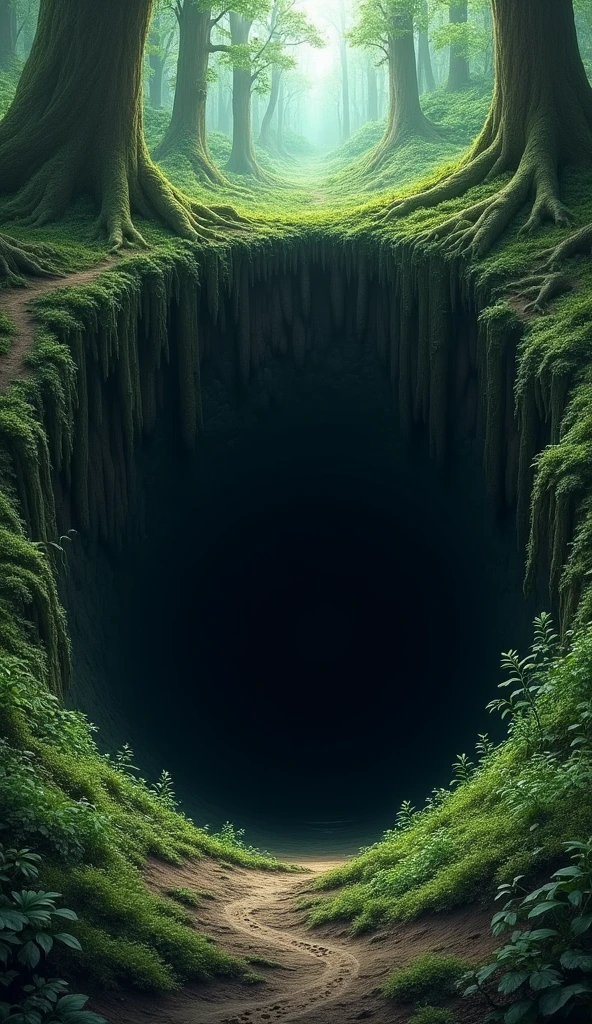 a deep hole in the ground in a forest