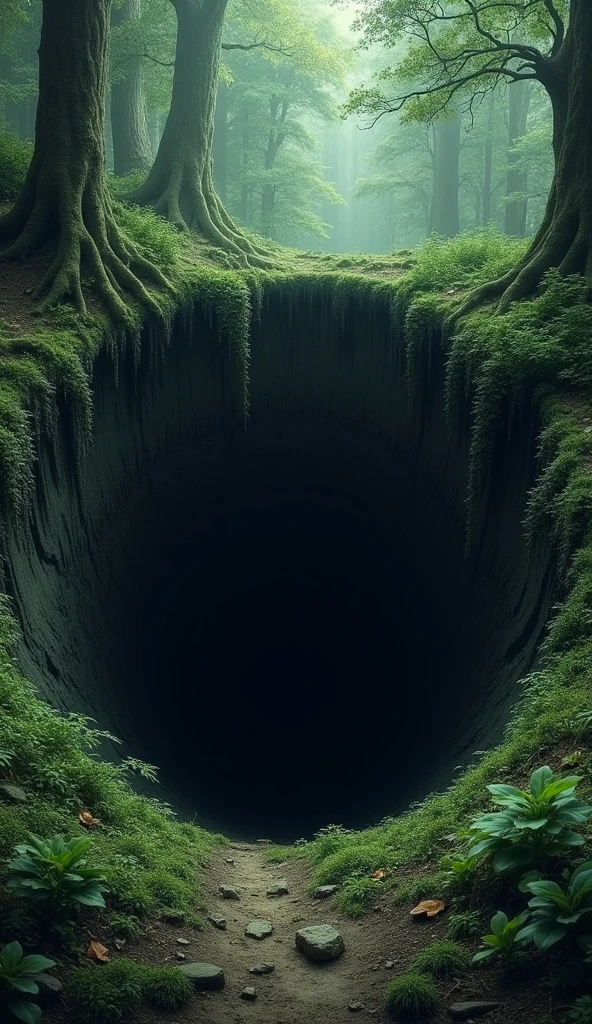 a deep hole in the ground in a forest