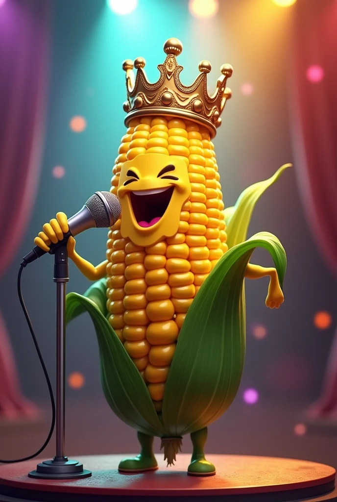A corncob with a crown singing with a microphone