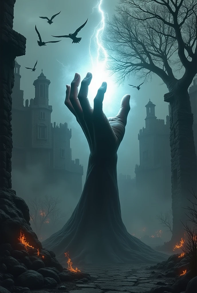 Black flexed hand with a white glow in a gloomy gothic surrounding with a crambling castle, blazing black birds and a burning cicamore and inferno