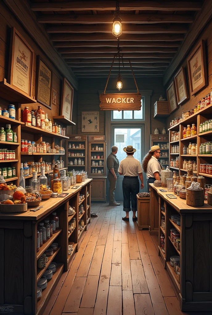 Oil painting, ancient times, a very rustic grocery store, with a counter full of sweets, a child shopping and an old gentleman attending to the child who is with his skinny pet dog