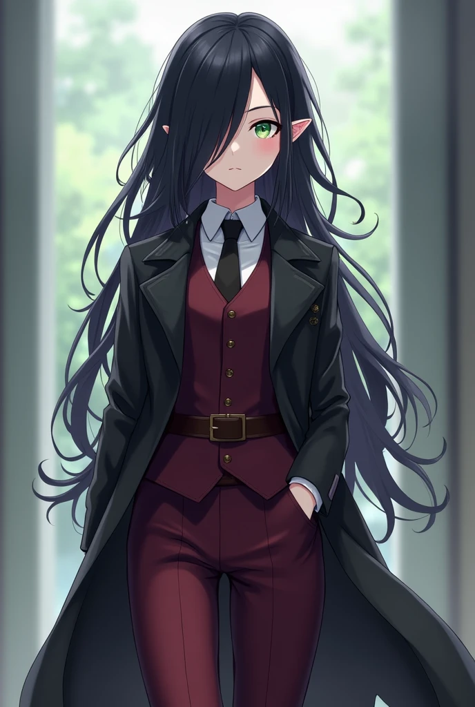 A female elf character, anime. Young and serene appearance with hair length below the shoulders, wavy and dark, black, with an asymmetrical hairstyle that partially covers one side of his face, his right eye is covered by his hair. His eyes are an intense green color. He wears black clothing that includes a long, dark trench coat with long sleeves and wine red suit pants. The trench coat has a belt tied at the waist, which fastens at the front. He has a white button-down shirt and a small closed wine red vest. He wears gloves, knee-high boots and a tie, all three black. The posture and facial expression suggest that she is ready for a battle or quick action. She is tall and serious. That represents light and darkness.