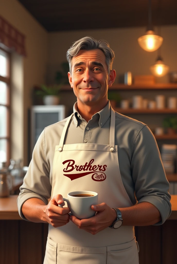 Benson from one more show holding a cup of coffee ,and Benson has an apron that says brothers cafes