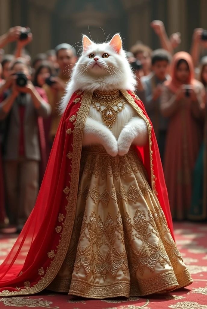 "A white Persian cat walks gracefully on two legs, dressed in an elaborate Indian bridal lehenga, adorned with intricate gold embroidery and matching traditional jewelry. The cat has long, beautifully styled hair under a red and gold dupatta draped elegantly over her head. The audience is mesmerized, capturing the stunning moment on their cameras."