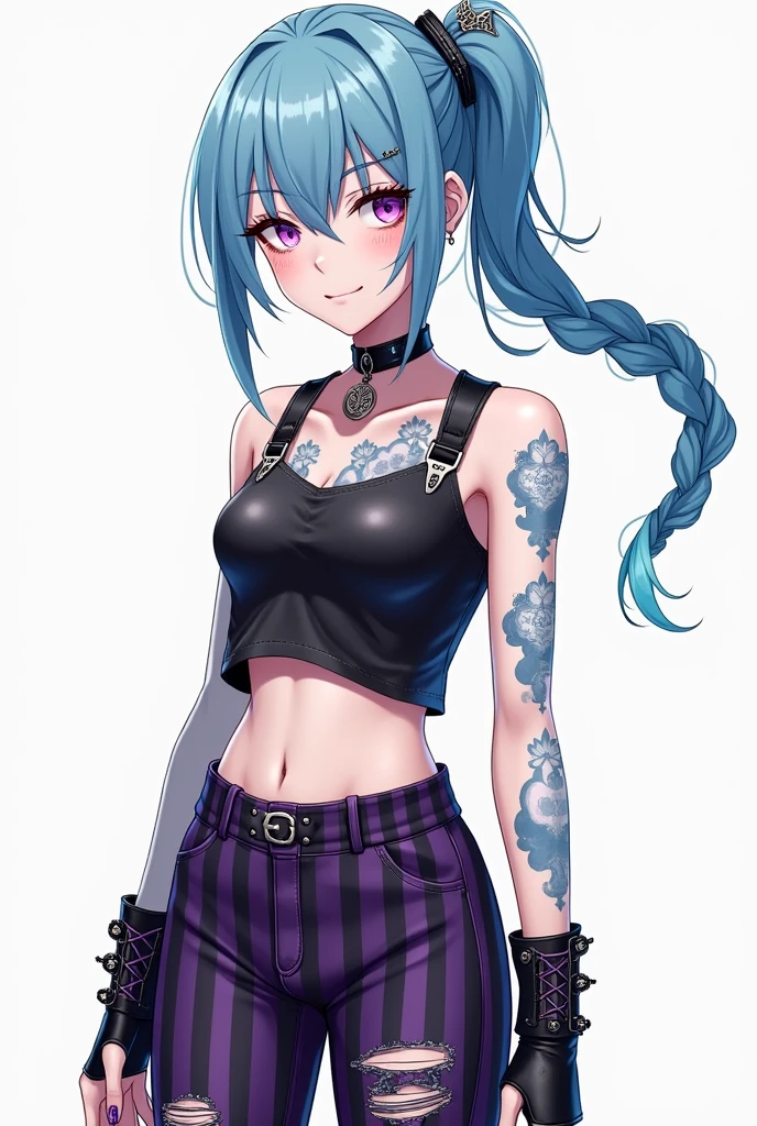 Jinx (formerly Powder) is a very slender and pale Zaunite with naturally blue hair and wide blue eyes (before being injected with shimmer by Singed).

In Act 1 as Powder, she had shoulder-length hair tied back into a singular plait, with hastily cut bangs accented with silvery intricate clips, some freckles, and wore purple and dark-blue stitched-up and worn Zaunite clothing.

In Acts 2 and 3, Jinx has ankle-length hair, styled into two plaits with a chin-length swoop of hair on the right side of her face. She wears a worn black sleeveless leather crop top with a leather choker, knee-length distressed purple striped trousers often complemented by dark leather accessories with purple accents on her arms, a pair of intricate worn black leather ankle-length boots with purple laces, and a worn crisscross band-aid on her left knee. She has pale blue stylized cloud tattoos on her right arm and midriff and her nails are covered with blue and pink paint. After Singed saved her life through the use of the drug “shimmer”, Jinx became far paler, and her blue eyes turned to a pinkish color due to the shimmer with visible purplish veins by her eyes. Do it anime style