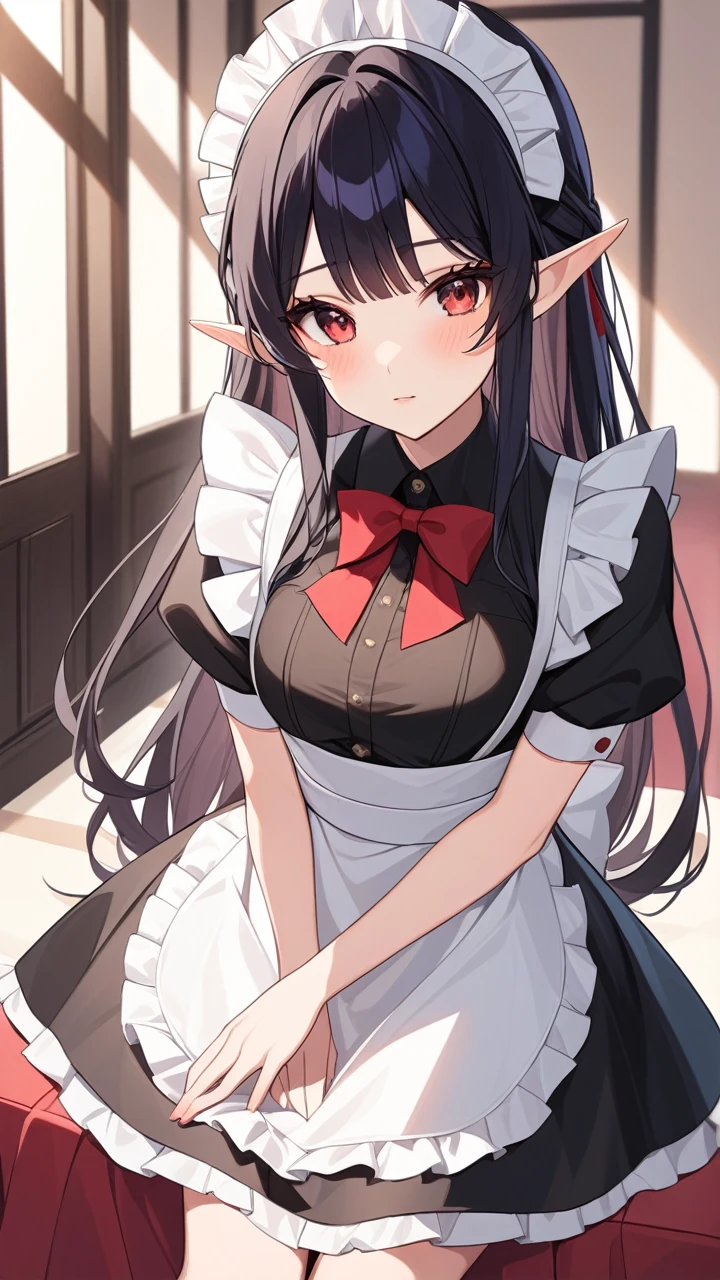 One elf over the age of 15、Long black hair、Red Eyes、A maid outfit that isn&#39;t frilly、Earrings,Pointed Ears,