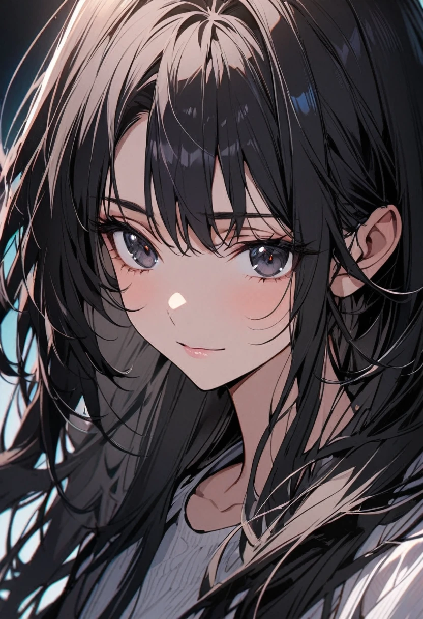 girl, adult, black eyes, black hair, long hair, beautiful eyes, beautiful color, high detail, calm face, cool