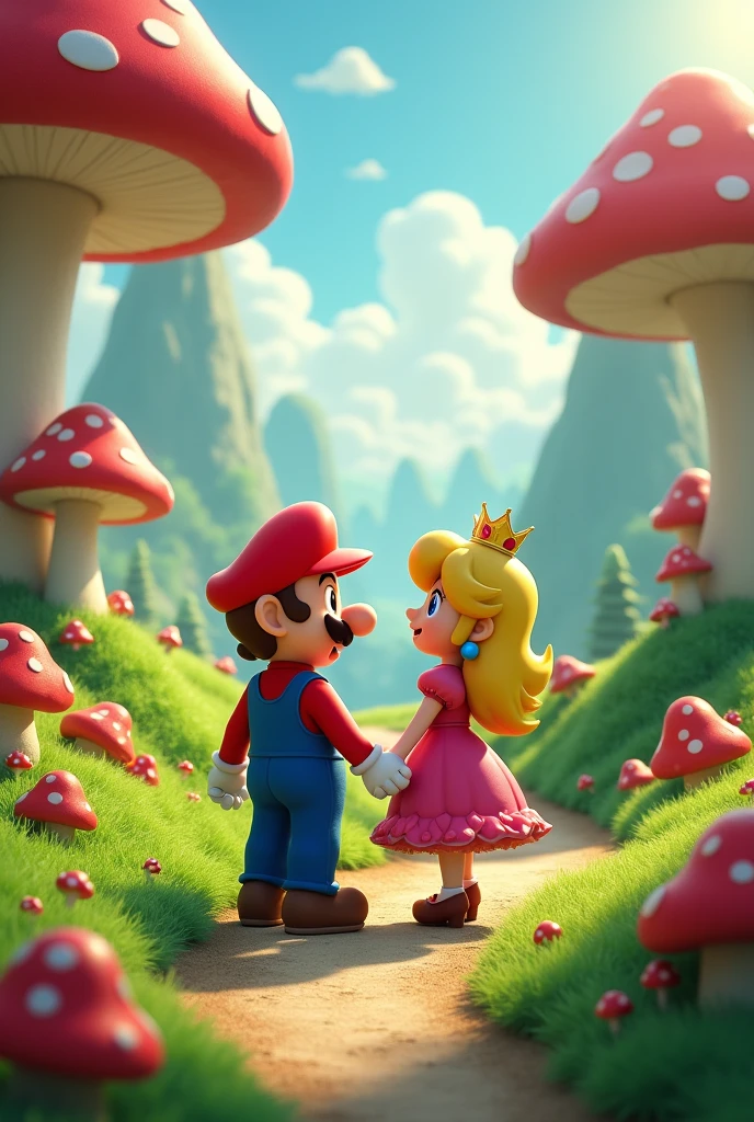 A landscape of Mario bros skins with many red mushrooms where Mario and Peach are a couple