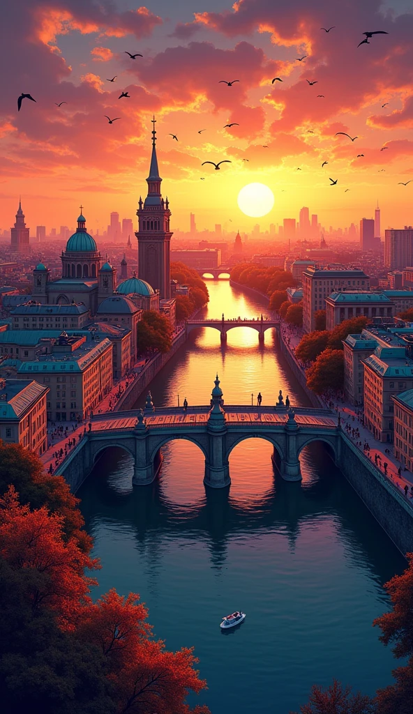 when sunset is coming, berlin with beautiful view, with the big bridge - bird view, rendered with detailed comic cartoon style