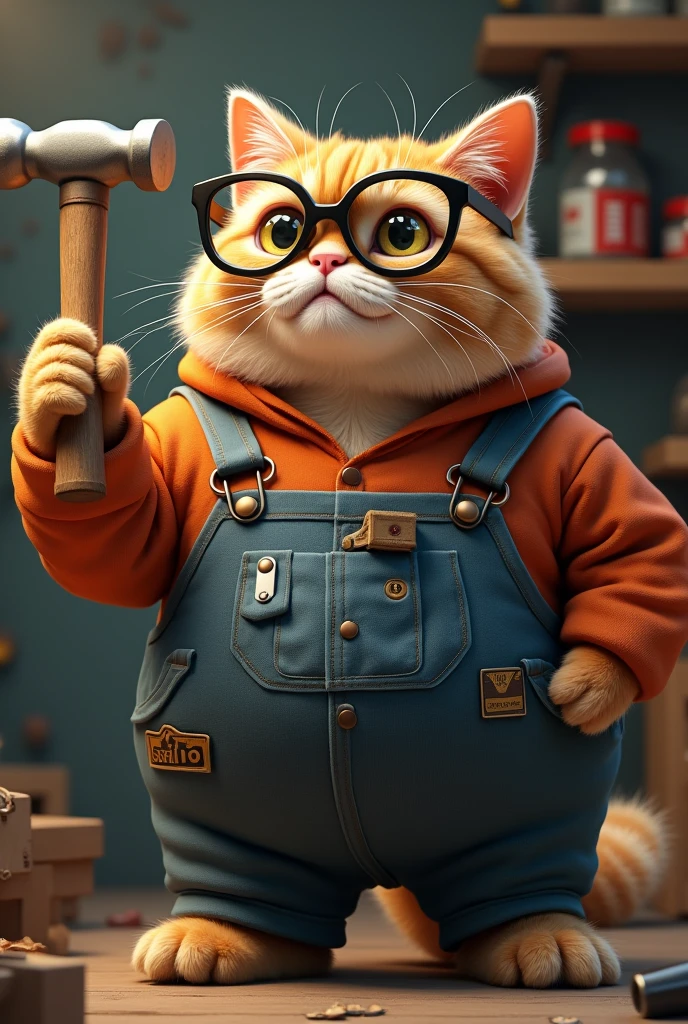 Fat cat with glasses and hammer and maintenance uniform