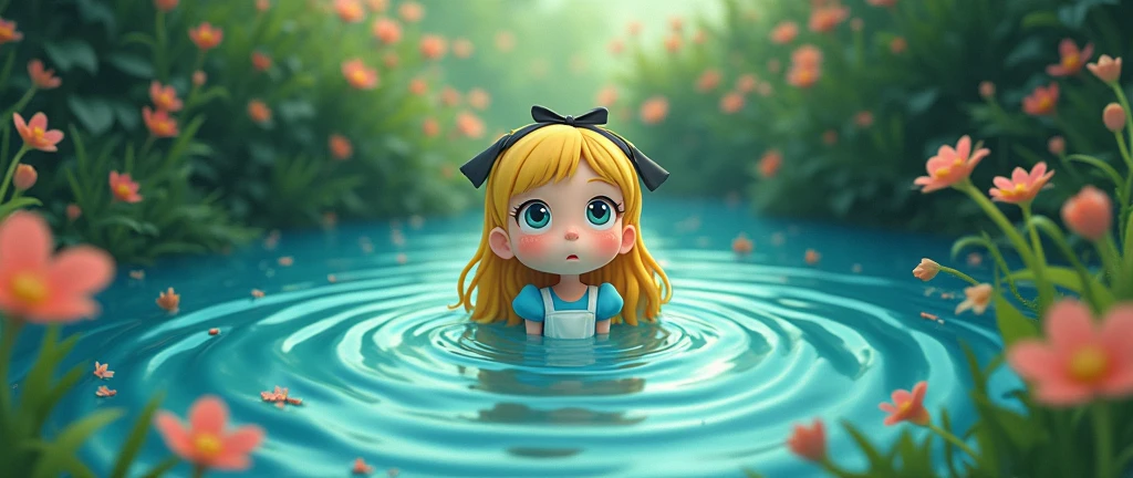 Highly detailed anime-style still images, Ghibli Studio Style,8k,Make Alice in Wonderland inspired by chapter 2 where she creates a pond of tears, do something else