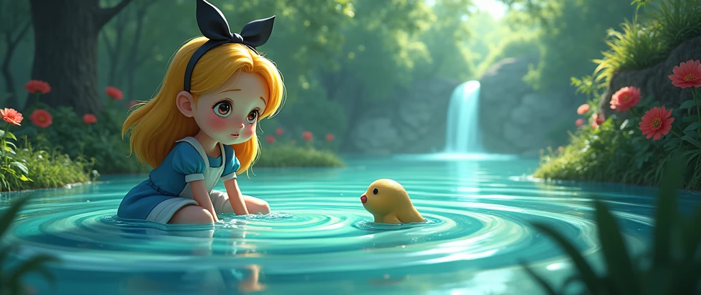 Highly detailed anime-style still images, Ghibli Studio Style,8k,Make Alice in Wonderland inspired by chapter 2 where she creates a pond of tears, do something else