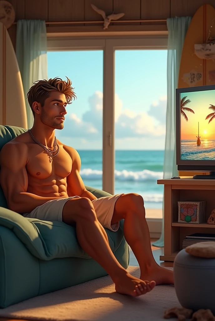 A surfer watching TV