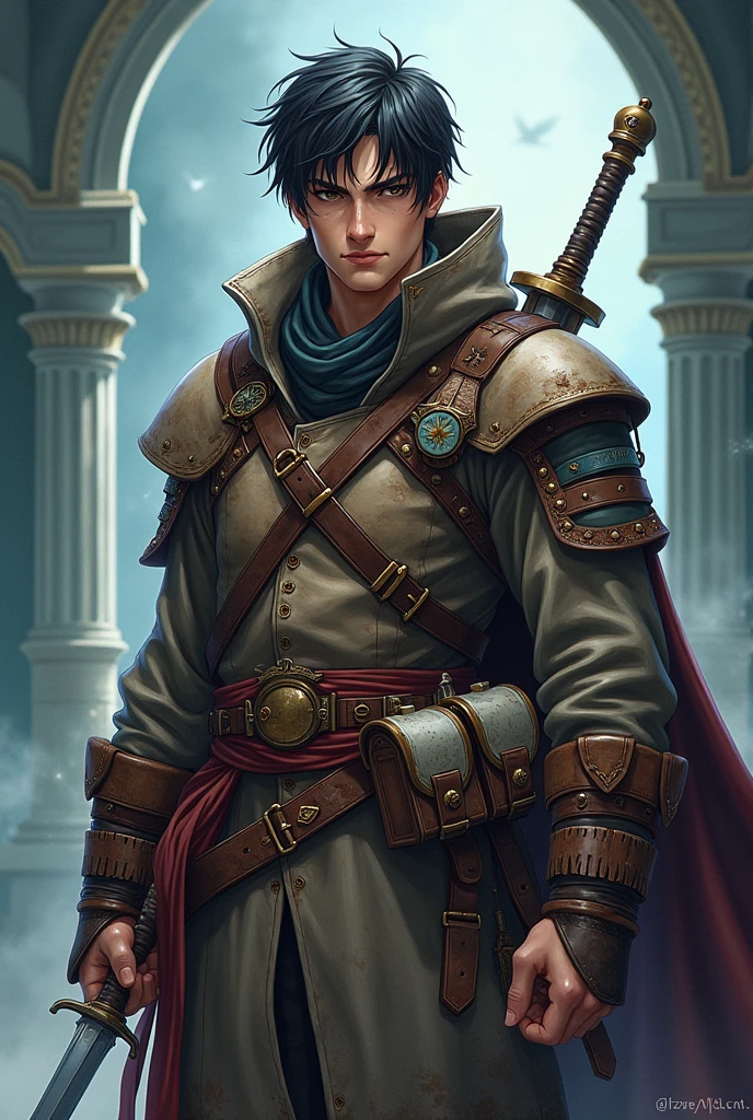 As if a Japanese anime light novel cover. Without writing. Features main character The Mage Hunter. Fantasy medieval ranger style mage hunter light leather armor. Belts and pouches and equipment for capturing mages. Shortsword sheathed on belt. Potion pouch, scroll tubes, wand bandolier.