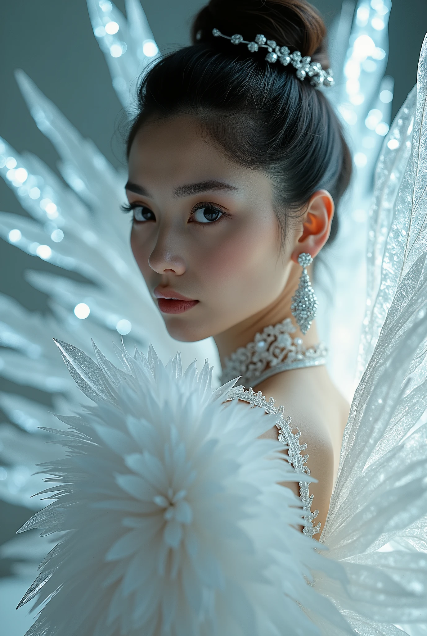 A luxury raw photo, close up, woman ((Latin features)) with ((gigantic)) black wings, captured in a half-length portrait. Her giant wings are made of (((luxurious ice crystals, diamonds, high details, details intrincated inspired in Swarovski))) Each feather has silver, glow and sparkles. The shine of the wings reflects on her body, creating dazzling sparkles on her porcelain-white skin. She wears a high bun, with a hair clip that shines, showing her beauty. dark that elegantly contrasts with her fair complexion. The image is full of intricate and meticulous details, from the ((textures of the crystal-filled wings)) to the shine reflected on her skin, highlighting her strength and beauty.