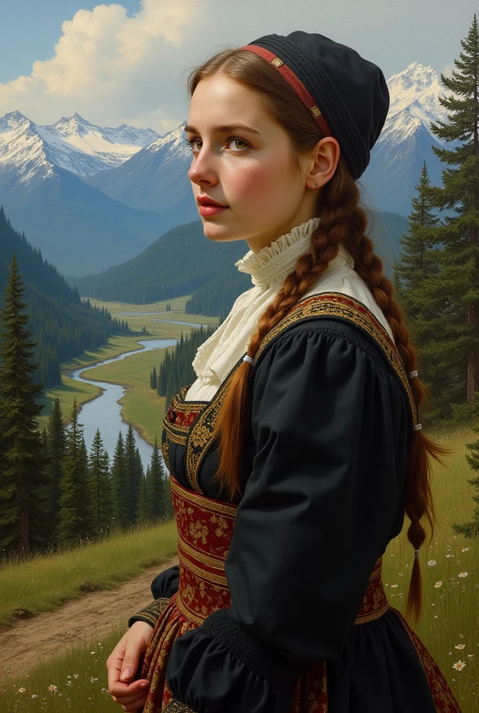 Realism
Slavic woman
girl 20 years old, Slavic Christian clothing 1880, at a distance of 4 meters,
realistic, in the background a pine forest, a river, mountains covered with snow,
Style - Ivan Shishkin, Vasily Polenov, Vasily Surikov, Isaac Levitan, Ilya Repin.