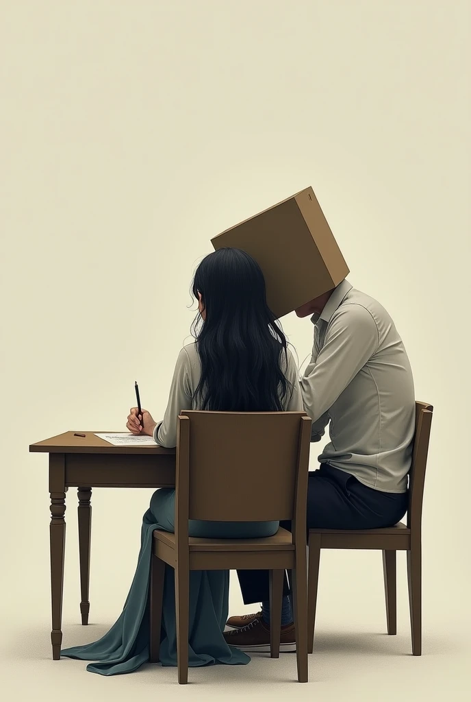 A woman sitting with her back turned with long hair taking a written test while a man with a square head sitting in a chair behind her tries to see the answers to her test