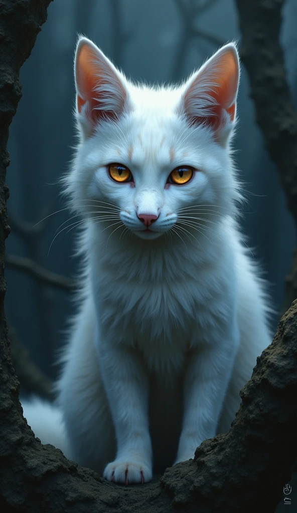 In a dark environment lit only by the soft light of the sharp eyes of an White Fox、A masterpiece of digital painting unfolds。Dagashi and Yupa、The artwork created by Kiyosan's skilled hands is、Captures all the intricate details of a fluffy, furry character's features、It boasts an absurd resolution。The portrait of the male cat in the anthology is the focus、Short, sleek hair frames an angular face.、They have large, expressive eyes that seem to glow with an inner light.。The panorama that surrounds him、The focus on the characters is secondary.、Intricately detailed、Textured, layered background adds depth and dimension, 8k