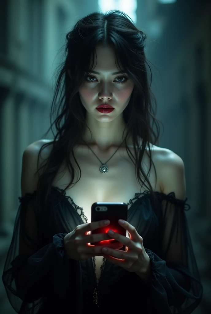 Create the wide-shot (((full-body))) image of a handsome vampire, noble and elegant lady, Beautiful alluring colorless eyes, A vampire with a refined and elegant appearance, Loose long hair and angular features, her skin should be pale and flawless, With a touch of potus transcendental beauty, her eyes should be deep and seductive, (They have to wear sheer erotic clothes, That are transparent, modern and timeless), sitting sitting on the ground and leaning on the wall of a decrepit building in a city destroyed by the apocalypse:1.12, a The background should be shrouded in shadow, Just a hint of moonlight broke through the darkness, ((((In the hands holds a iphone that spreads its glow on his beautiful body)))), What is presented to others, gothic art style, Ultra-realistic realism, Psychedelic surrealist art, Surreal psychedelic design, Dreaming style, psychedelic art, Quality Quantity, skin texture, intricate details, (cinematic graphic lighting), RAW, 8K,