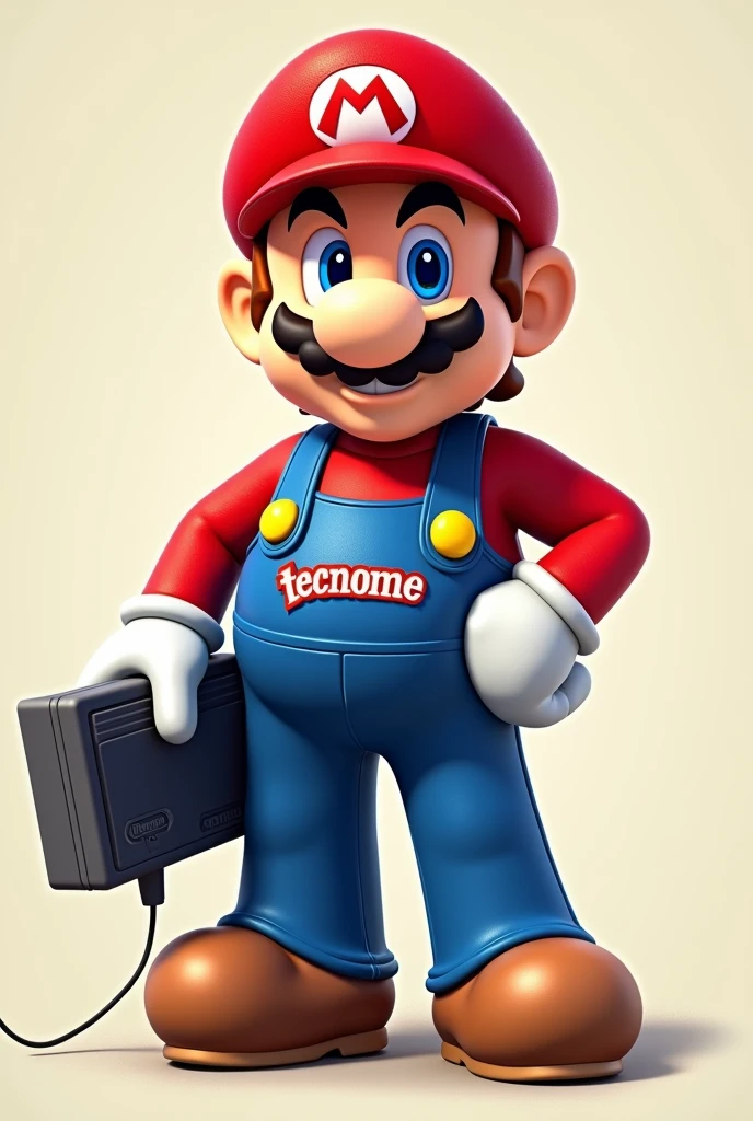 Super Mario Bros wearing clothes with the word &quot;tecnogame&quot; written on them Holding a Nintendo in his hand 