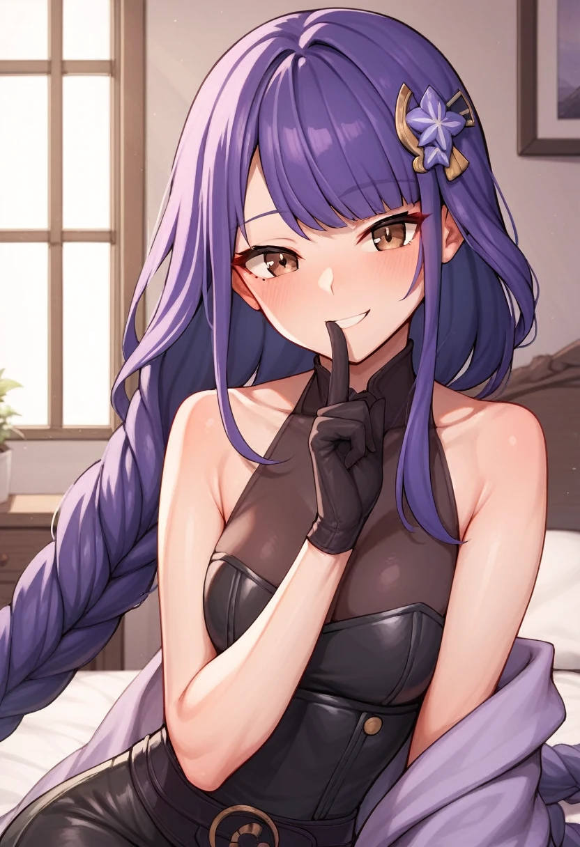 score_9, score_8_up, score_7_up, score_6_up, score_5_up, score_4_up, source_anime, 1girl,lora:raidenshogun1-000009:1>, raidenshogundef, upper body, sexy smile, bed, purple hair, hairpins, brown eyes, long hair, leater jacket, black dress, pants, leather gloves, room, best quality, best res, 4K UHD,
 