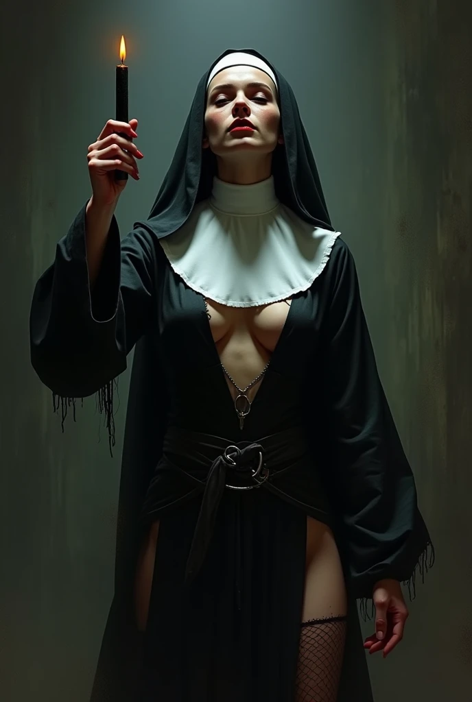 Nun with bare breasts, fishnet stockings, holding a black candle. Satanism.
