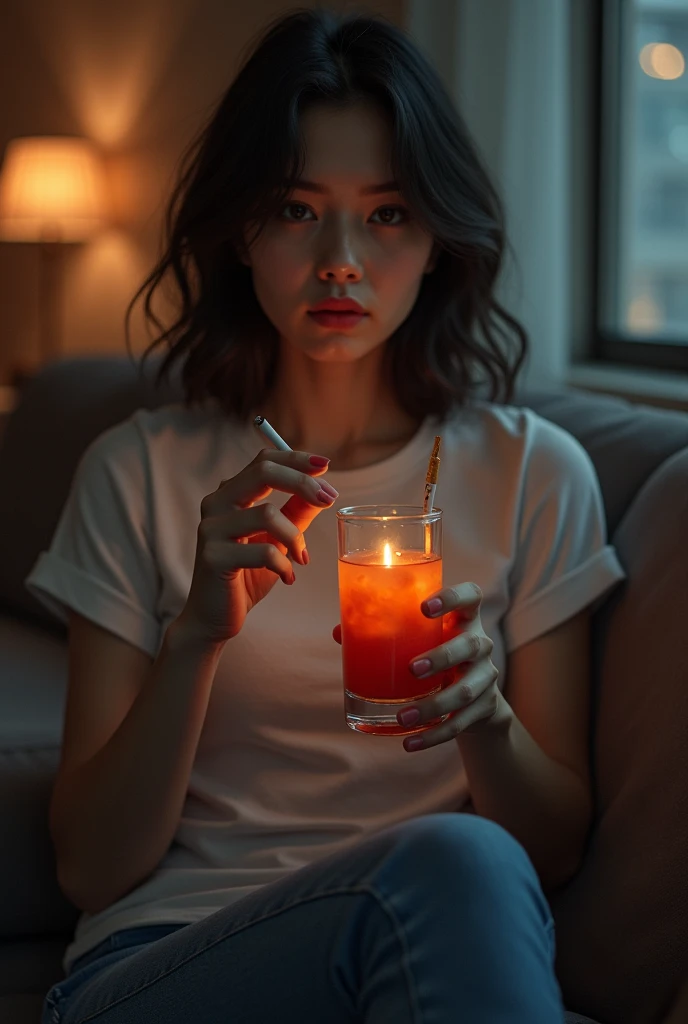 A girl with juice glass and cigrette
