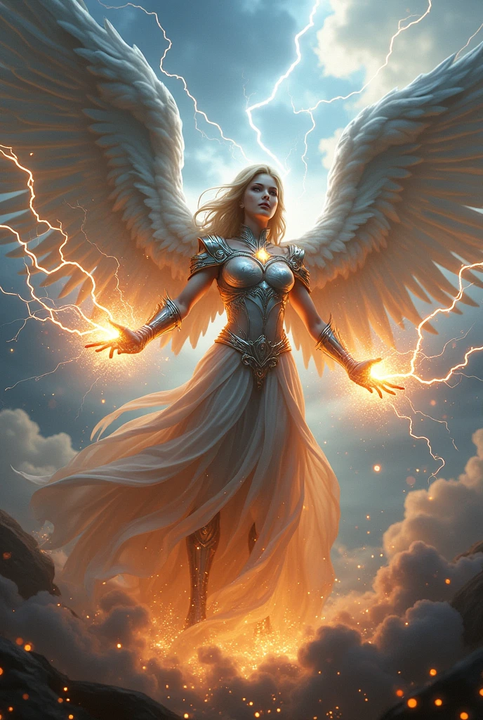Make an angel who is a lightning man throwing lightning bolts 