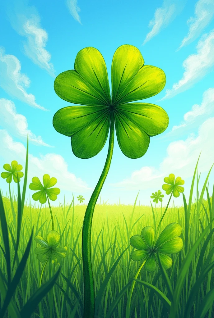 Un trèfle à 4 feuilles dans un style graphique. Bande dessinée 2D au crayon de couleur. Les couleurs doivent être claires et bien ressortir le trèfle doit être très détaillé il doit ressortir au milieu d'une prairie avec un ciel bleu en arrière-plan