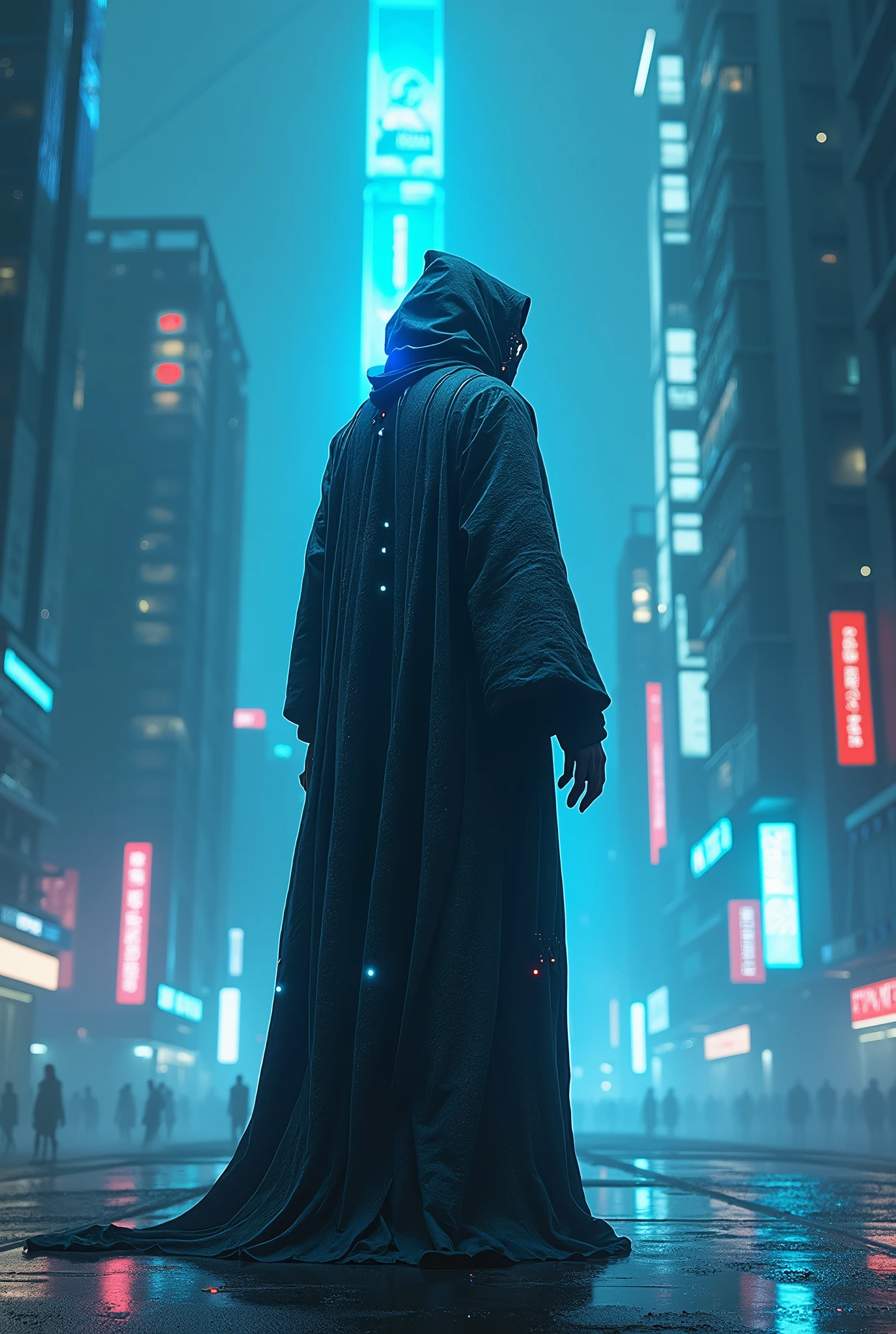 (best qualityer:1.3), (The best show:1.2), (best illustration:1.2), (comic style:1.2), (Art film lighting:1.2) (1 person) Wearing a cyberpunk electronic robe with a futuristic sense of blue light technology, His body was covered with metal parts, Cyberpunk technology with a horror movie backdrop,In the cyberpunk city of the future.
