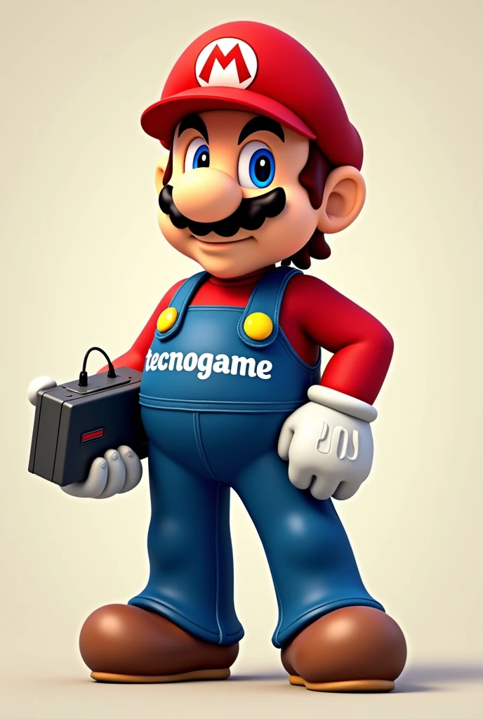 Super Mario Bros wearing clothes with the word "tecnogame" written on them Holding a Nintendo in his hand