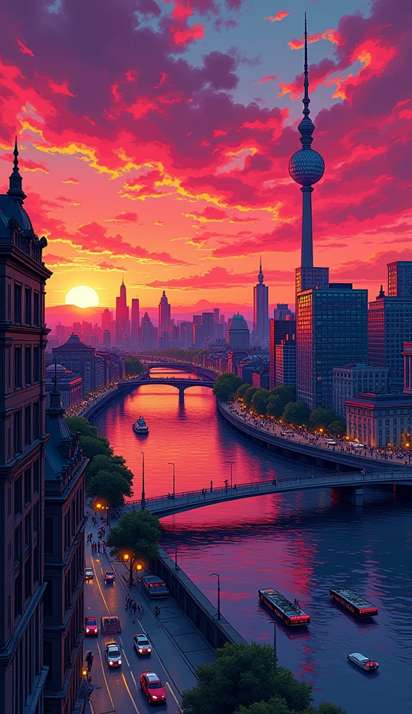 when sunset is coming, berlin with beautiful view, with the big bridge - bird view, rendered with detailed comic cartoon style, neon lights, miami vice vibes