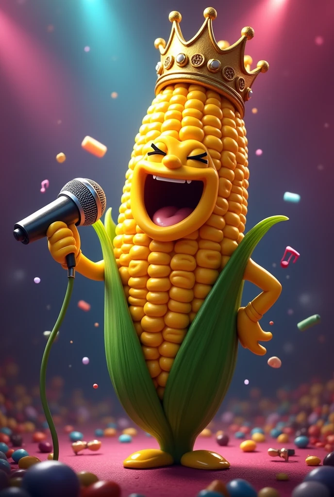 A corncob with a crown singing with a microphone
