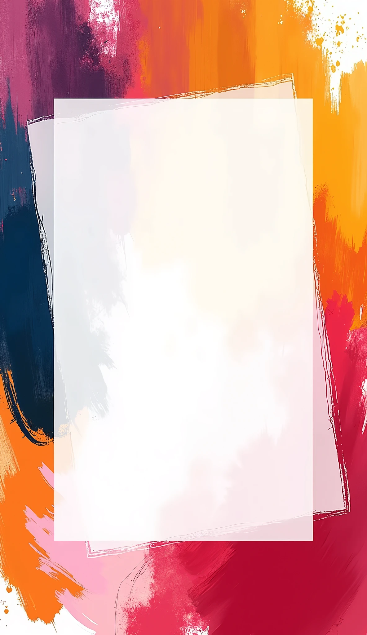 Artistic Brush Stroke Template: A high-quality, artistic Instagram cover featuring bold, colorful brush strokes framing the image area. A transparent box overlays the bottom of the image area for your caption, with space for the image to peek through the edges. The caption box is slightly tilted for a dynamic feel.