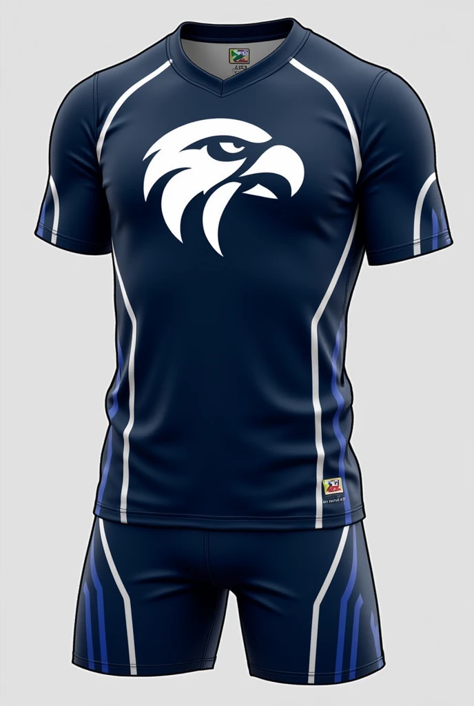 Create a complete volleyball team uniform template front and back with a white hawk logo, the rest of the uniform in dark blue with white details