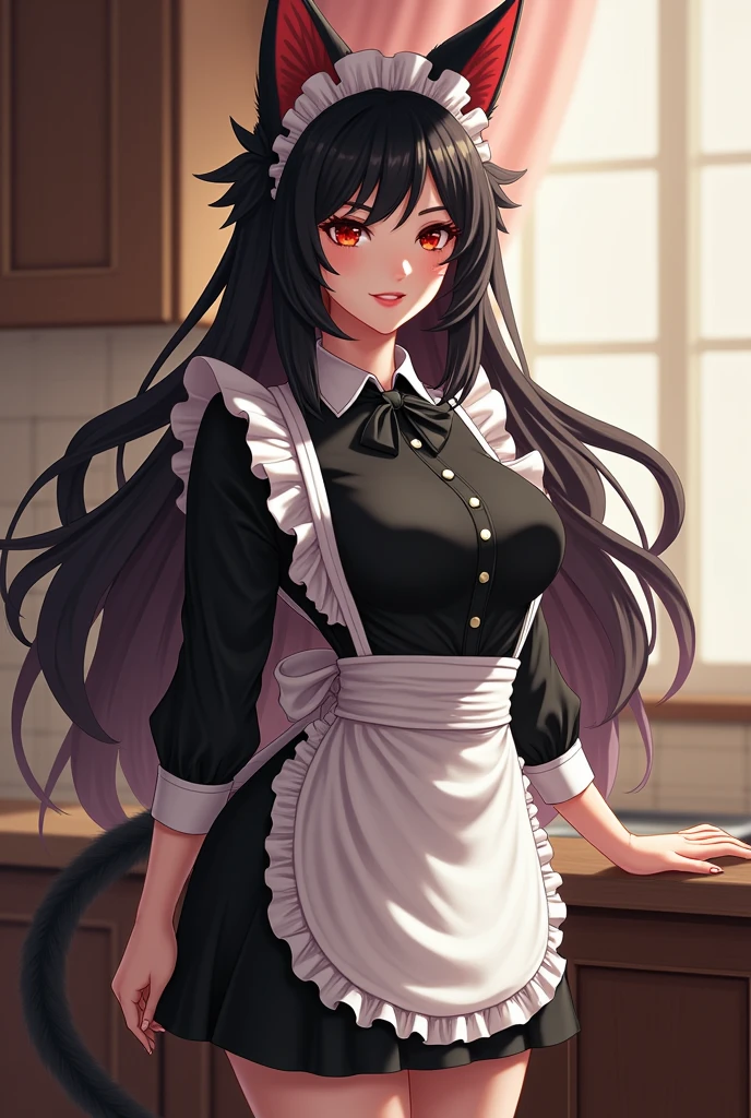 ahri, the charming champion of League of Legends, in a maid version brings an intriguing mix of charm and practicality. She wears a classic maid uniform.: a fitted black dress with a crisp white apron. The dress has a fit that highlights your graceful curves, while the apron is adorned with delicate details and ruffles.
Its characteristic nine tails remain, but now they are elegantly secured so as not to get in the way while she performs her tasks. ahri ainda mantém seu cabelo longo e volumoso, but with a maid's ribbon to give it a touch of sophistication. The uniform is completed with low, comfortable shoes., suitable for an intense working day.
Even with the new clothes, her seductive gaze and mystical aura do not diminish, giving the impression that, despite being in a more humble role, ahri ainda é uma força encantadora e irresistível.