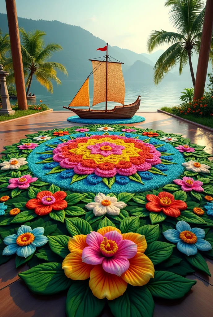 Generate a  Ai pookalam design related to ship theme with flower available in kerala
