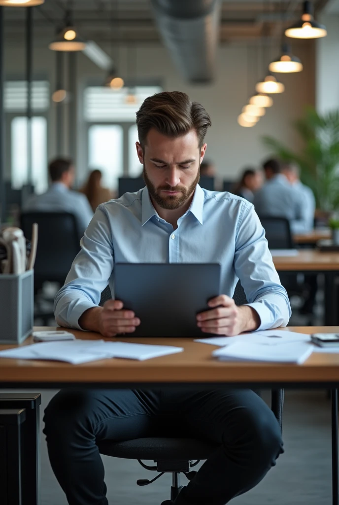 a person with a computer in his hand in an office
