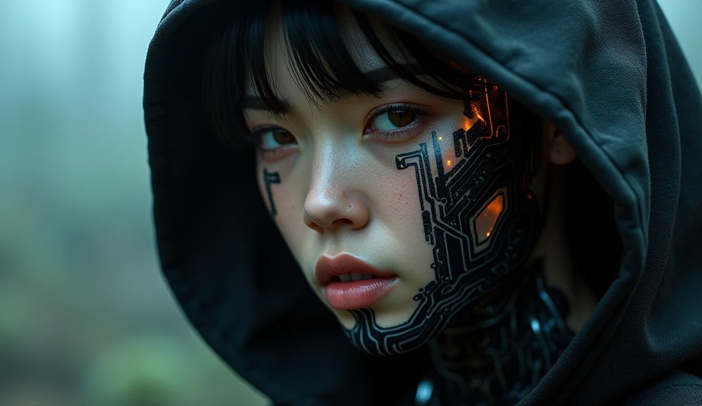 ((masterpiece, 16K, best quality, high resolution:1.3)), (super close-up portrait:1.45), (cyberpunk face augmentation:1.45), (black color circuit board tattoos on face:1.5), (epic skin details:1.45), (Sci-fi Darkness by He Xiaofeng:1.45), (a quiet Fighter, feudal Ninja:1.45), (robotic shinobi suit:1.45), (style Katy Grannan:1.35), (satin texture:1.45), (glitchy:1.5), (foggy:1.35), (harsh lighting:1.45),
(the portrait features a close-up of a face with intricate cyberpunk augmentations:1.45), (the face is adorned with black circuit board tattoos that glow with a subtle, futuristic light:1.5), (the skin is detailed with a satin texture, showcasing every pore and imperfection:1.45), (the overall aesthetic is dark and sci-fi, reminiscent of He Xiaofeng's style:1.45), (the subject is a quiet fighter, a feudal ninja, with a robotic shinobi suit:1.45), (the suit is sleek and form-fitting, with advanced technological features:1.45), (the style is influenced by Katy Grannan, adding a layer of realism and depth:1.35), (the image has a glitchy effect, with digital artifacts and distortions:1.5), (the background is foggy, creating a sense of mystery and atmosphere:1.35), (the lighting is harsh, casting dramatic shadows and highlights:1.45),
(Canon EOS 5DS R camera, perfect for capturing the detail and beauty of the scene:1.2), (paired with the Canon EF 85mm f/1.4L IS USM lens:1.2), (the composition showcases the intricate details of the cyberpunk augmentations and the dark, futuristic setting:1.2), (a moment frozen in time, capturing the essence of technological advancement and artistic precision:1.3), (ultra photorealistic, highlighting the intricate details of the face and the futuristic environment:1.3), (an image that transports viewers to a captivating and futuristic moment:1.2), (a scene that exemplifies the beauty of cyberpunk art and technological innovation:1.2)