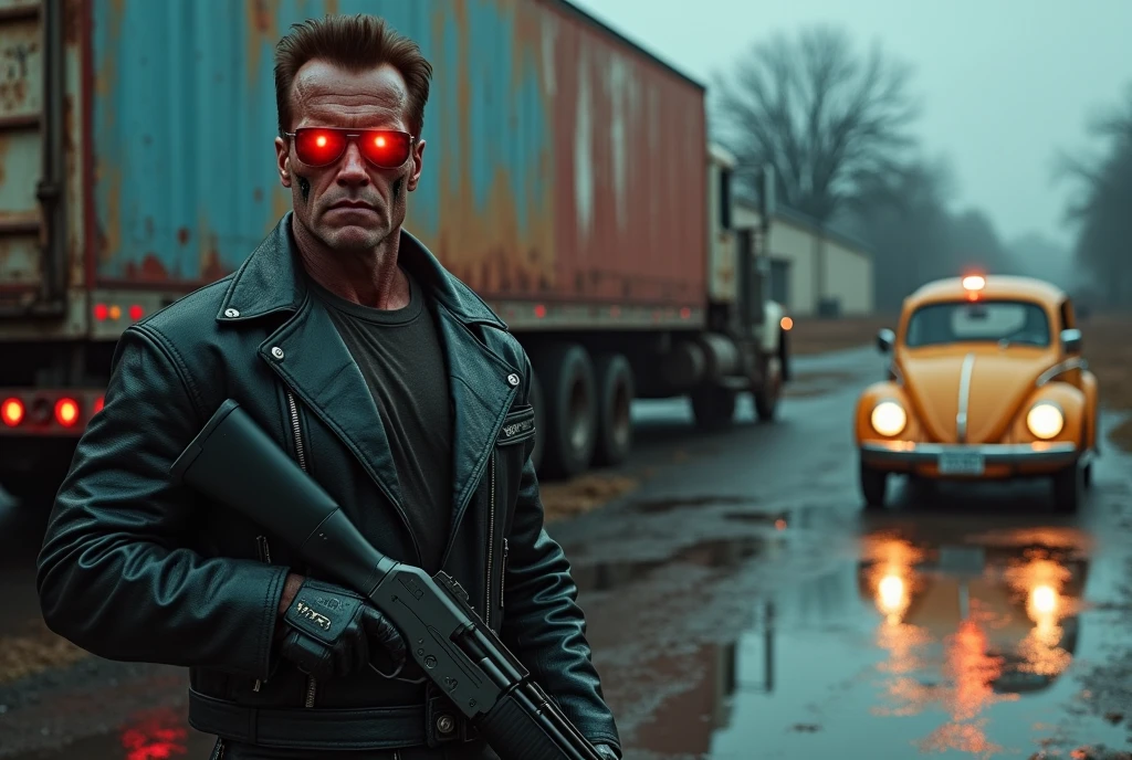 Arnold Schwarzenegger and the Terminator T800, Arnold's eyes glow like a red LED, Arnold holds a 12 gauge shotgun, he is standing next to an old red and blue 1987 Freightliner COE truck, the truck's paint simulates fire stains in blue and red colors, on the other side there is an old yellow Beetle with its headlights on, lens flare effect, Raby, lens flares, reflection on the floor, the image is as realistic as a mirror, extremely realistic size ratio