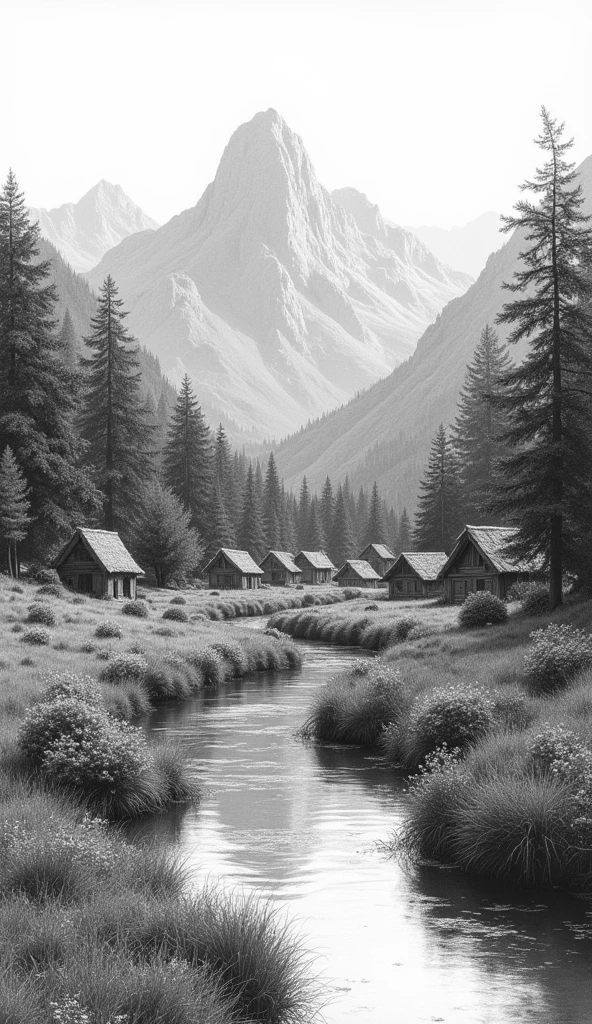 beautiful landscape, pencil draw, Coal chips, Charcoal drawing, black andwhite, quick dashes, mountain view, spring time, typical trees and vegetables of south america (brazil), undergrowth, flores silvetres, a village with small, rustic houses, crystal clear stream