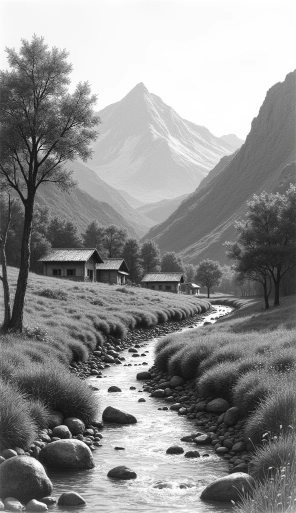 beautiful landscape, pencil draw, Coal chips, Charcoal drawing, black andwhite, quick dashes, mountain view, spring time, typical trees and vegetables of south america (brazil), undergrowth, flores silvetres, a village with small, rustic houses, crystal clear stream 